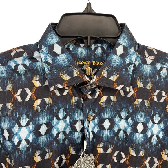 Luchiano Visconti Black Geometric Button Front Dress Shirt Sz Medium Black Blue - Picture 2 of 7